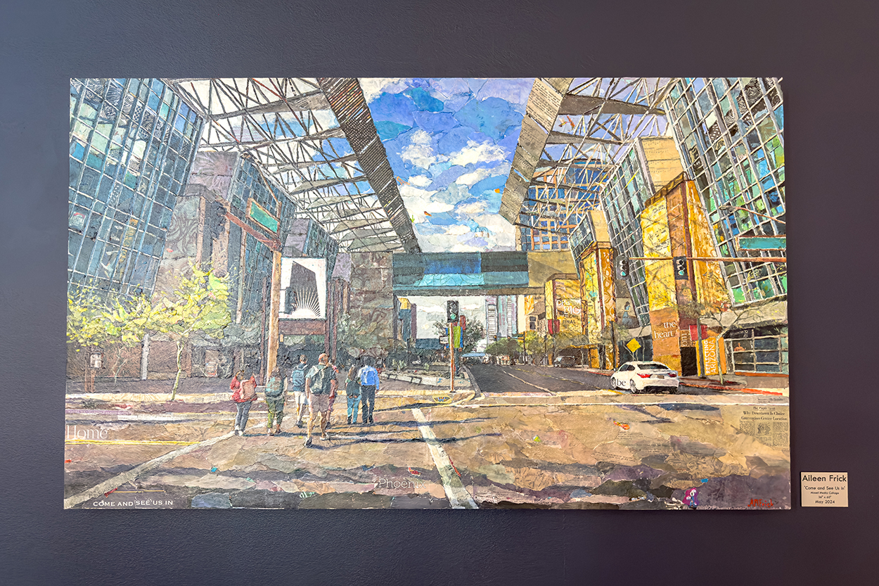 Mixed media artwork depicting attendees walking towards the convention center buildings