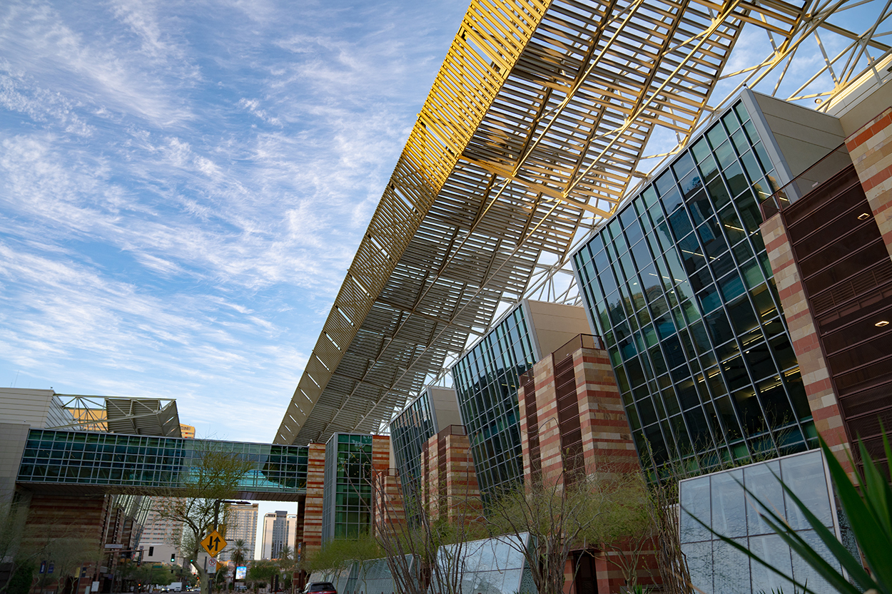 Exterior shot of the North building looking up towards the roof
