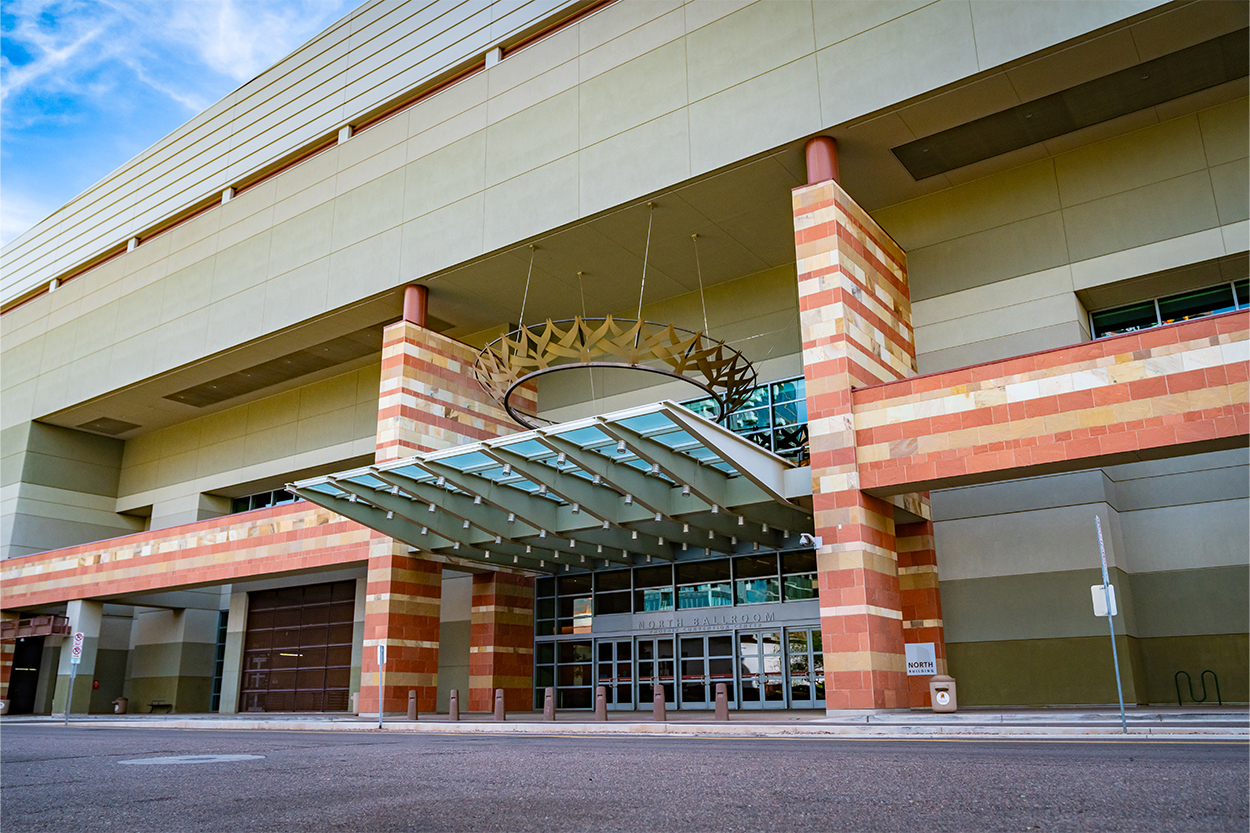 Image of the Halo artwork at the Phoenix Convention Center, a crown hung on the exterior