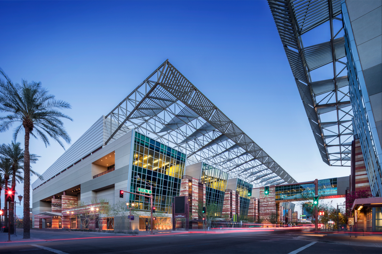 Exterior shot of the North Building in the evening