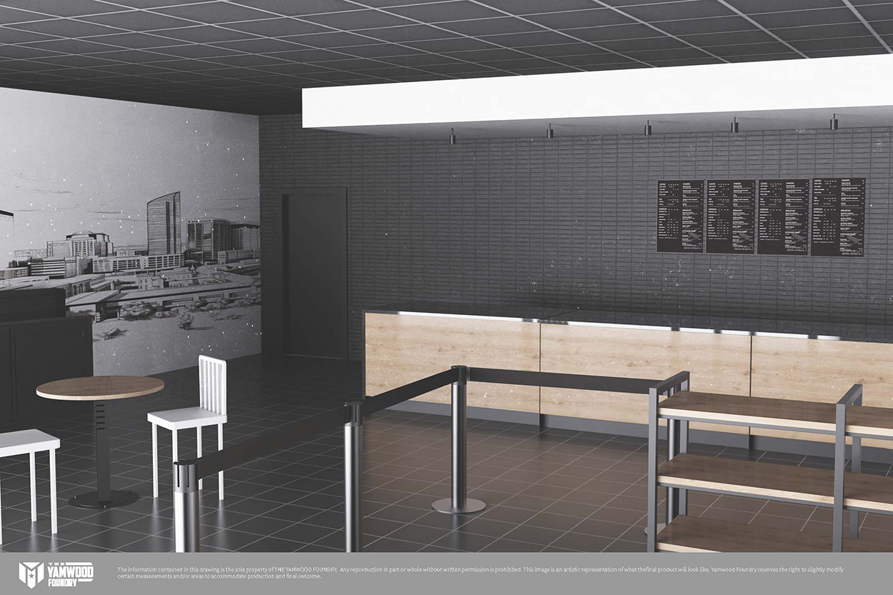 3D rendering of the coffee shop with a counter, shelving, table and chairs