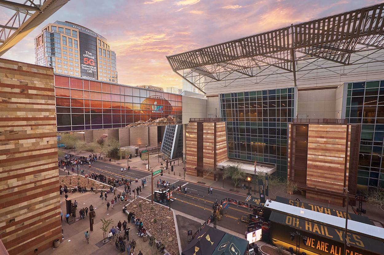 Exterior event space with Super Bowl branding