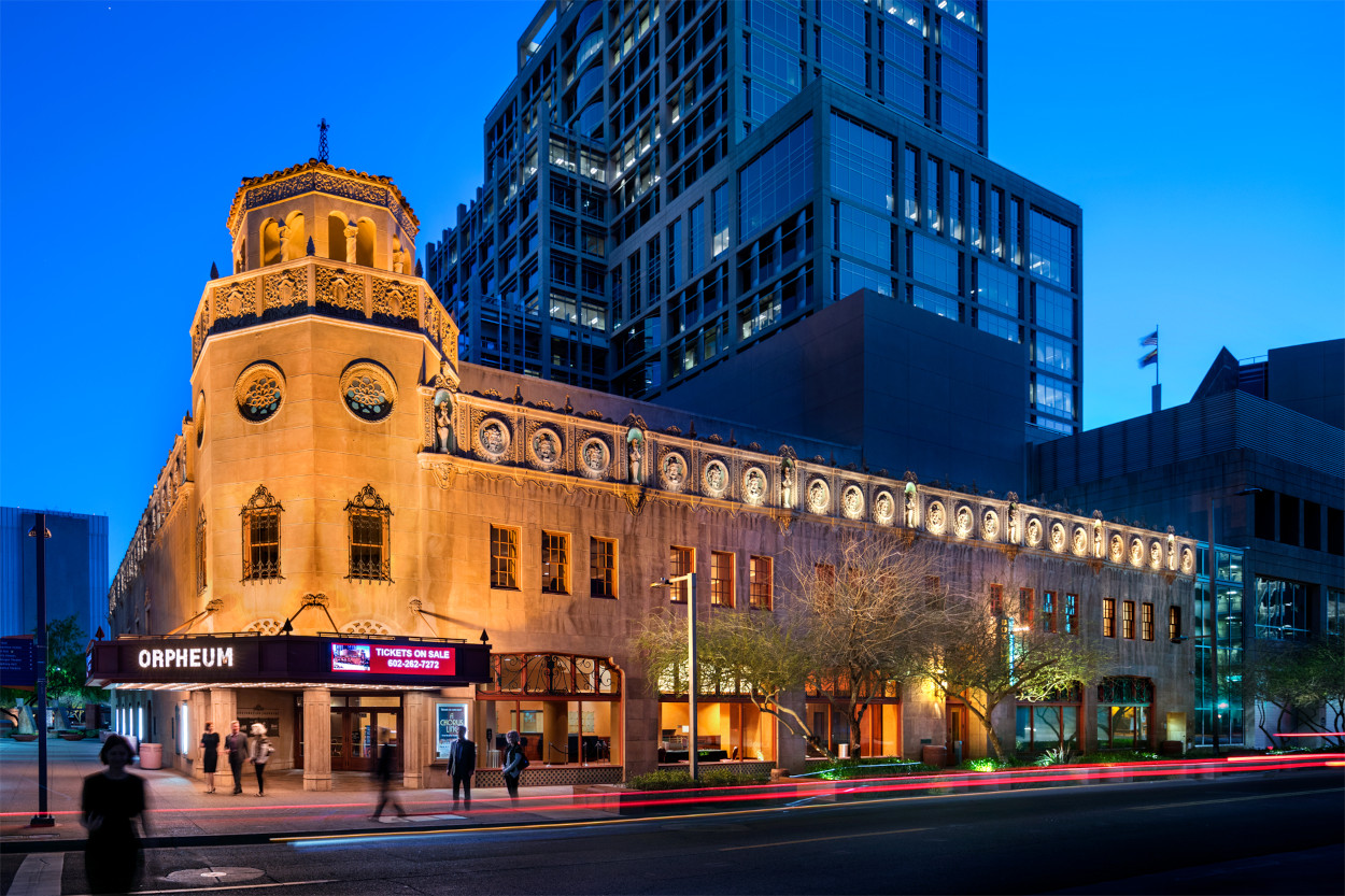Orpheum Theatre exterior lit up at night
