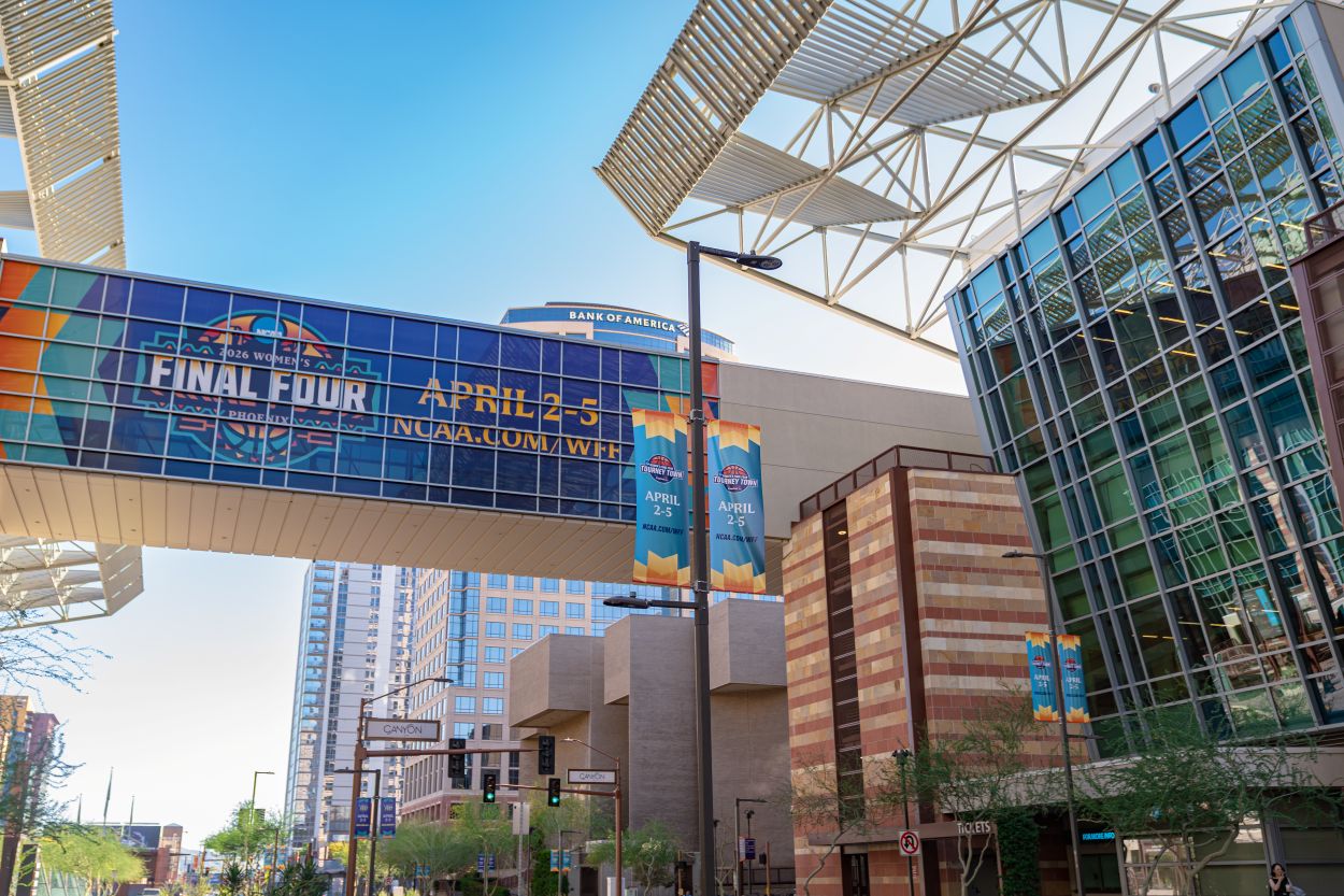 Photo of the bridge at the Phoenix Convention Center with Women's Final Four branding. 