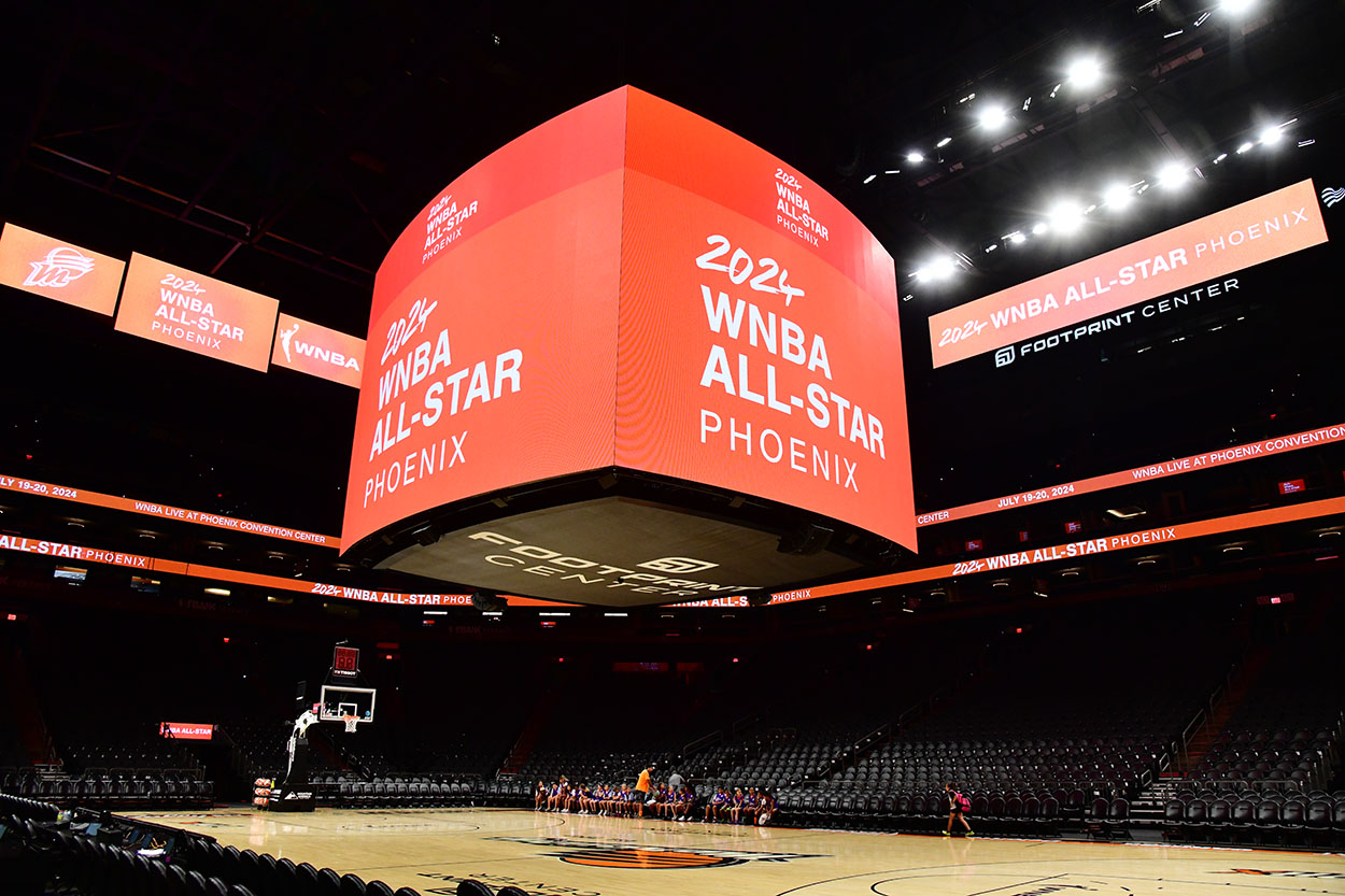 Footprint Center decorated with 2024 WBNA All-Star Phoenix branding.