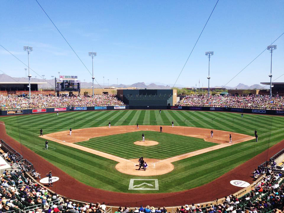 Spring training game with Camelback Mountain in the distance
